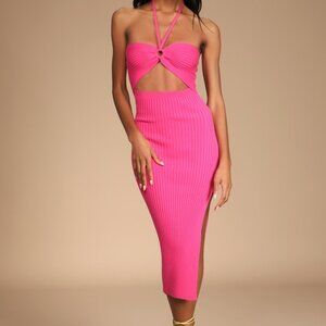 Lulus Leading The Trends Hot Pink Ribbed Knit Cutout Halter Midi Dress - Size S